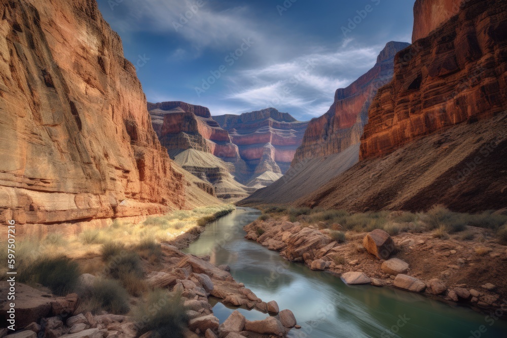 Breathtaking wide-angle photograph of the Grand Canyon, showcasing the natural wonder of the steep cliffs and rock formations carved by the River. Created with generative A.I. technology.