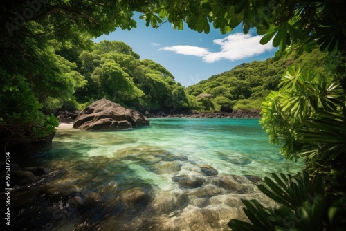 Stunning photograph of a hidden tropical lagoon nestled in a lush cove, featuring crystal clear water glistening under the bright sun. Created with generative A.I. technology. photo