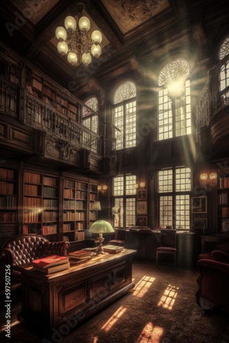 Breathtaking wide-angle photograph of the interior of an old library  capturing the cozy seating areas and the warmth of the sunbeam shining through the window. Created with generative A.I.