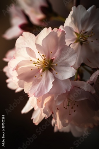 Stunning close-up photograph of cherry blossom, showcasing the beauty and fragility of the delicate petals. Created with generative A.I. technology. © ahoi!