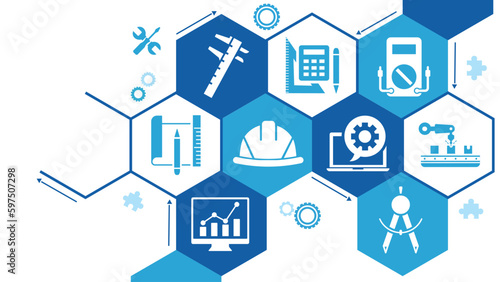 Industrial engineering vector illustration. industry, engineer hardhat, automation and process integration in a factory.