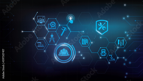 Industrial engineering vector illustration. industry, engineer hardhat, automation and process integration in a factory.