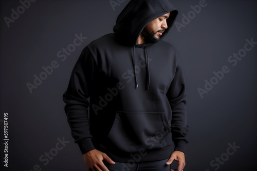Urban portrait of a handsome hipster with a beard in a black blank hoodie with space for your logo or design.