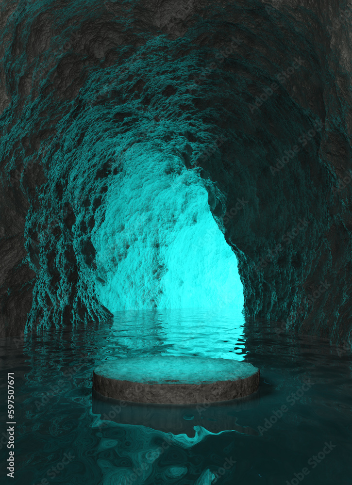 Black dark stone podium show products inside rugged rock cave nature