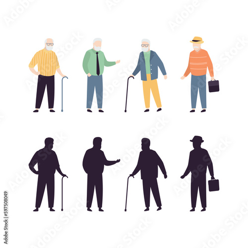 Set of elderly people with silhouettes. Collection of aged male characters standing in different poses. Grandfather, old persons isolated in white background.