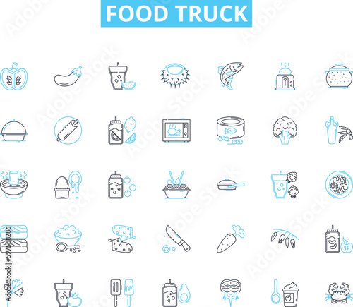 Food truck linear icons set. Tacos, Burgers, Nachos, Sandwiches, Hot dogs, Pizza, Quesadillas line vector and concept signs. Gyros,Curry,Fried rice outline illustrations