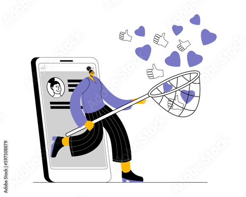 A blogger comes out of a smartphone with a network and catches likes and hearts. Vector illustration on the topic of promotion in social networks.