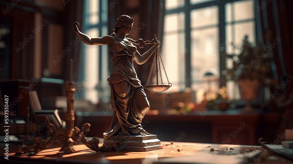 Bowl of justice, scales in the hand of a girl with her eyes closed, signaling corruption and turning a blind eye to it