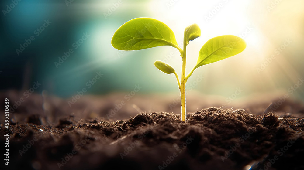 New beginnings: Young sprout basking in the sun's warm glow. created with Generative AI New beginnings: Young sprout basking in the sun's warm glow. created with Generative AI