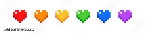 Colorful  Rainbow Pixel Hearts Set. Minecraft Vector Hearts Set. 