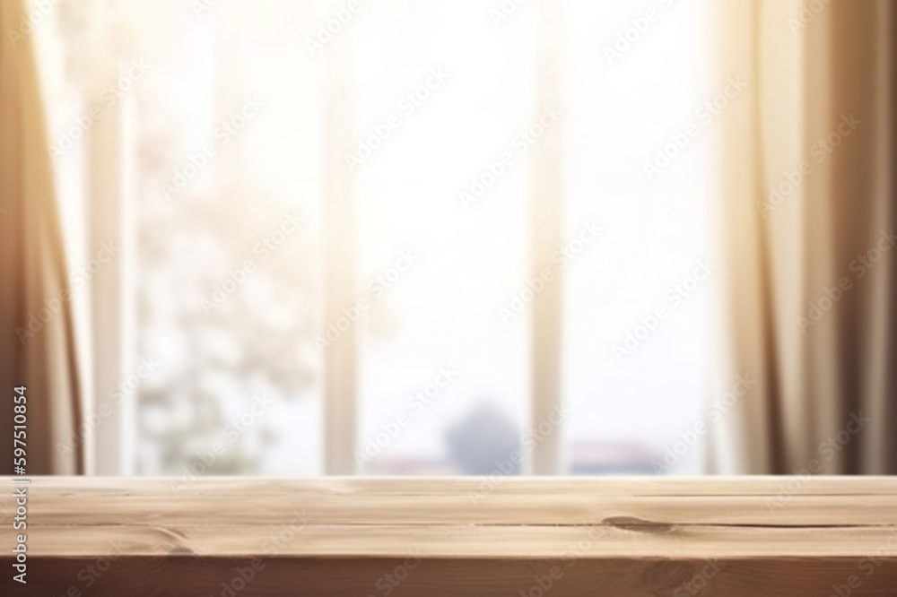 Minimalist Wooden Table in front of Blurred Window with Curtain. created with Generative AI Minimalist Wooden Table in front of Blurred Window with Curtain. created with Generative AI