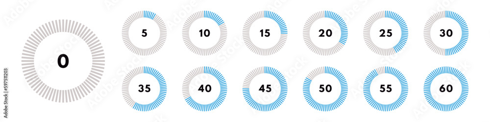 Set of blue circular progress bar. Timer icon with ten percent interval. Download display. Vector illustration Set of blue circular progress bar. Timer icon with ten percent interval. Download display. Vector illustration
