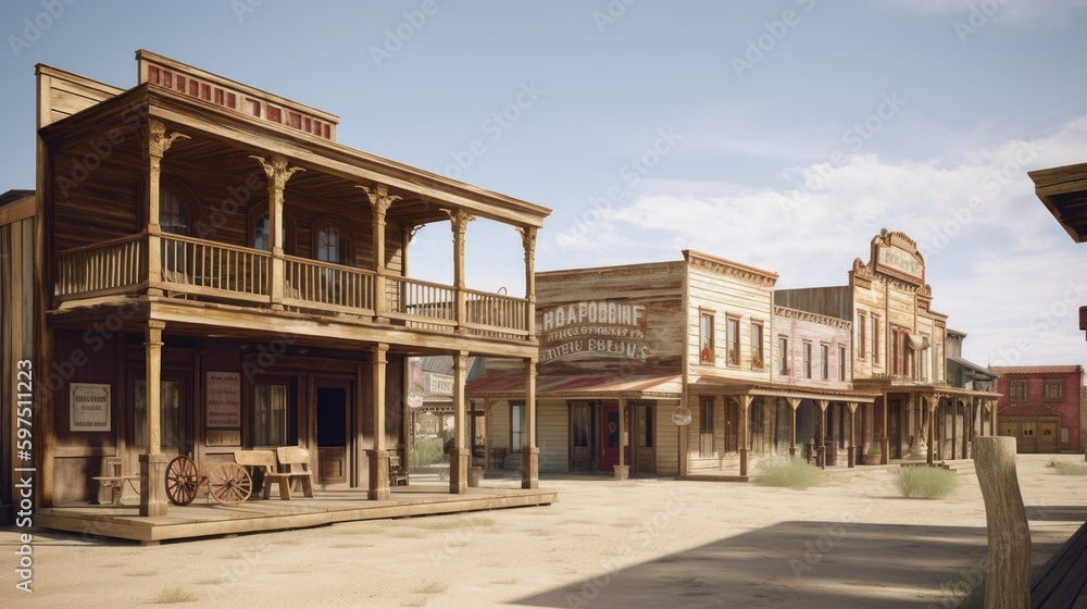 Western town with saloons, cowboys, and outlaws Western town with saloons, cowboys, and outlaws