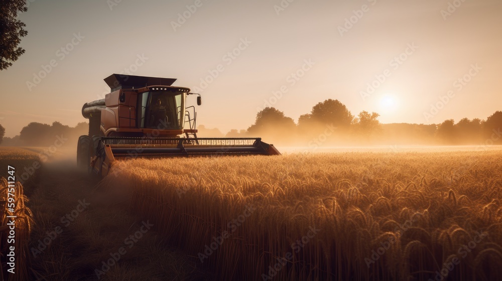 Combine harvester driving through a beautiful rye field. Generative AI