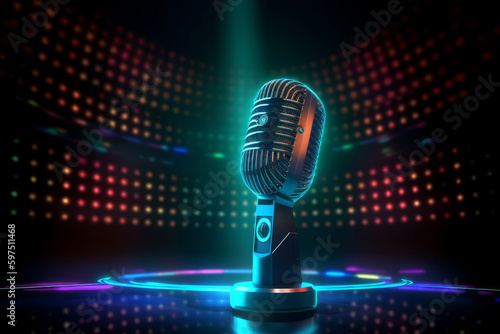 Neon black microphone background. Illustration AI Generative.