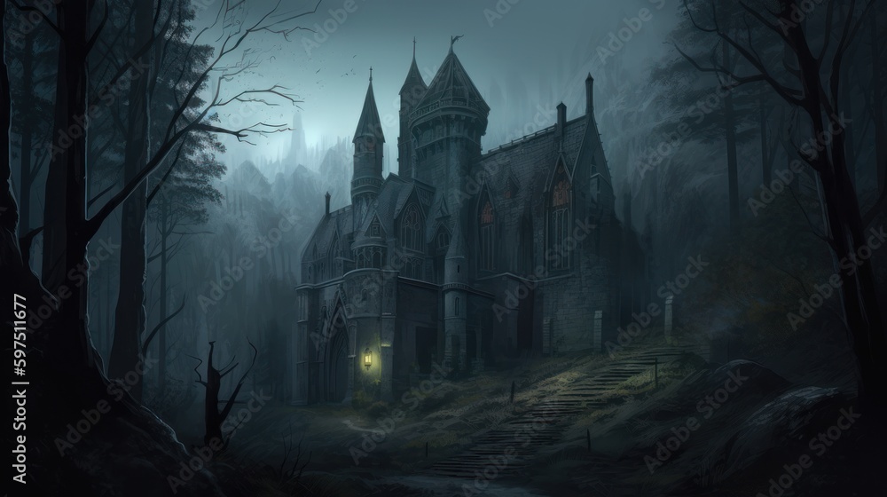 Gothic horror world with dark castle, crypts, and haunted forests Gothic horror world with dark castle, crypts, and haunted forests