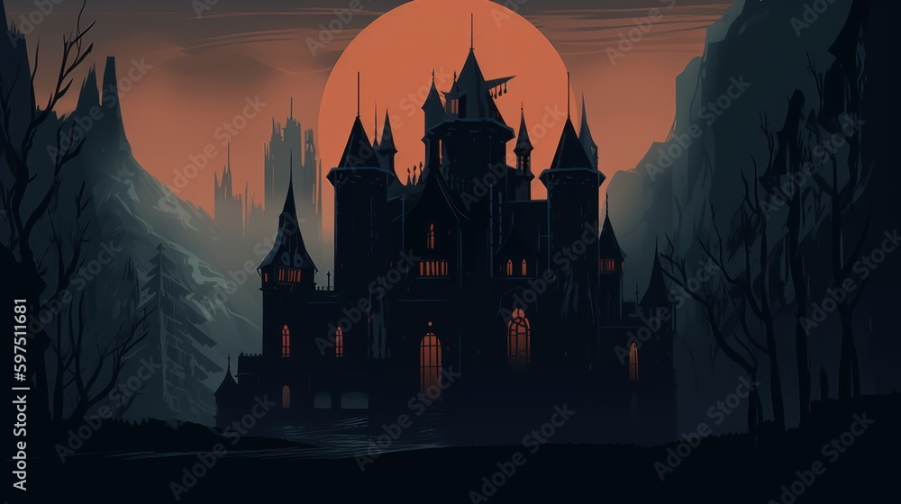 Gothic horror world with dark castle, crypts, and haunted forests