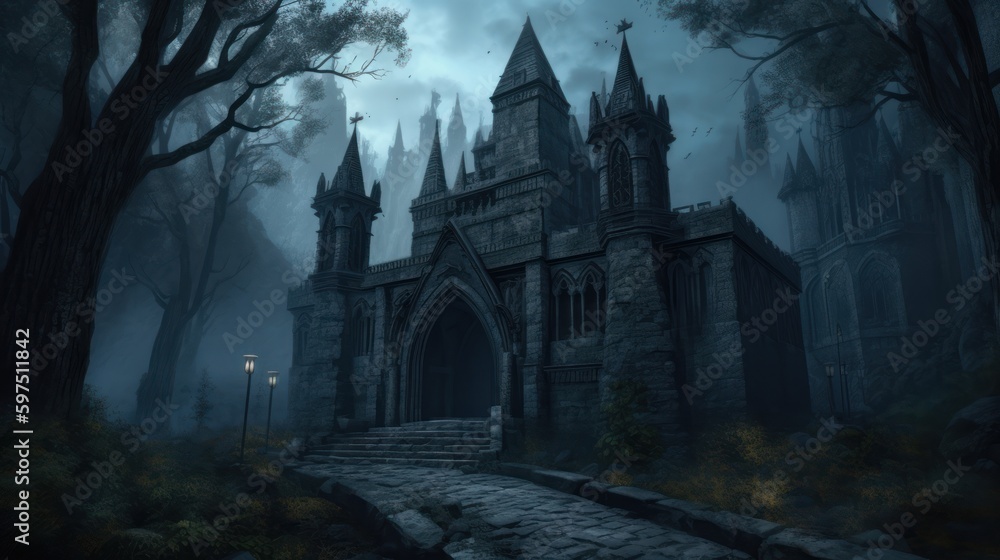 Gothic horror world with dark castle, crypts, and haunted forests Gothic horror world with dark castle, crypts, and haunted forests