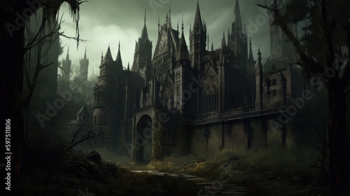 Gothic horror world with dark castle, crypts, and haunted forests