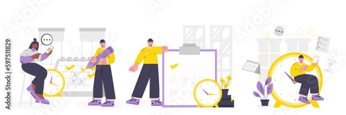 Business set of workers making plans, planning task in online calendar