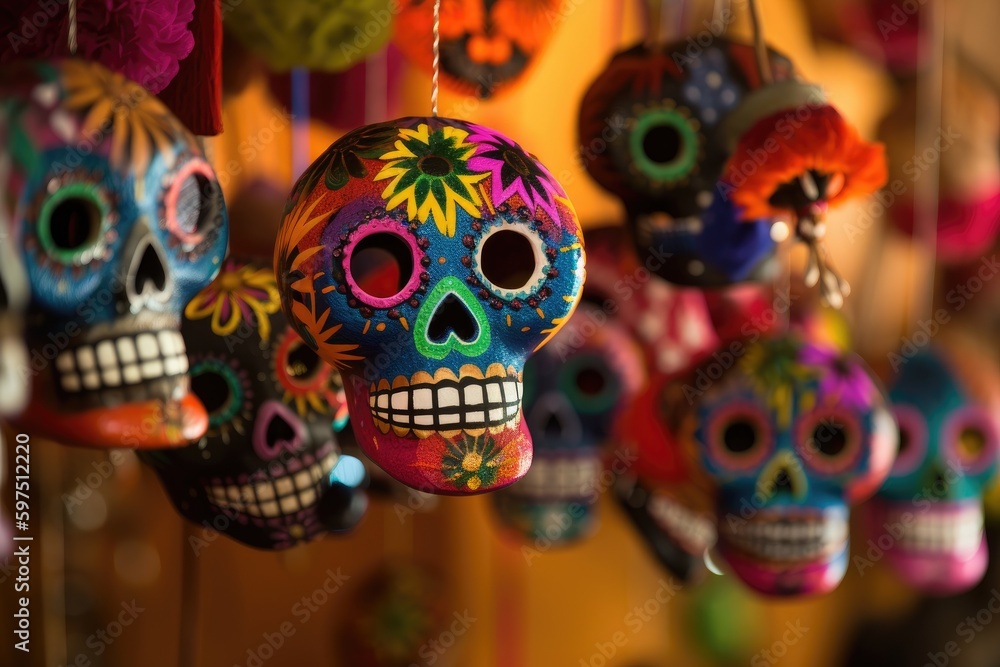 Day Of Dead Traditional Mexican Halloween Dia De Los Muertos Holiday Party. Decorated  painted  colorful skulls,  death symbol. AI generative