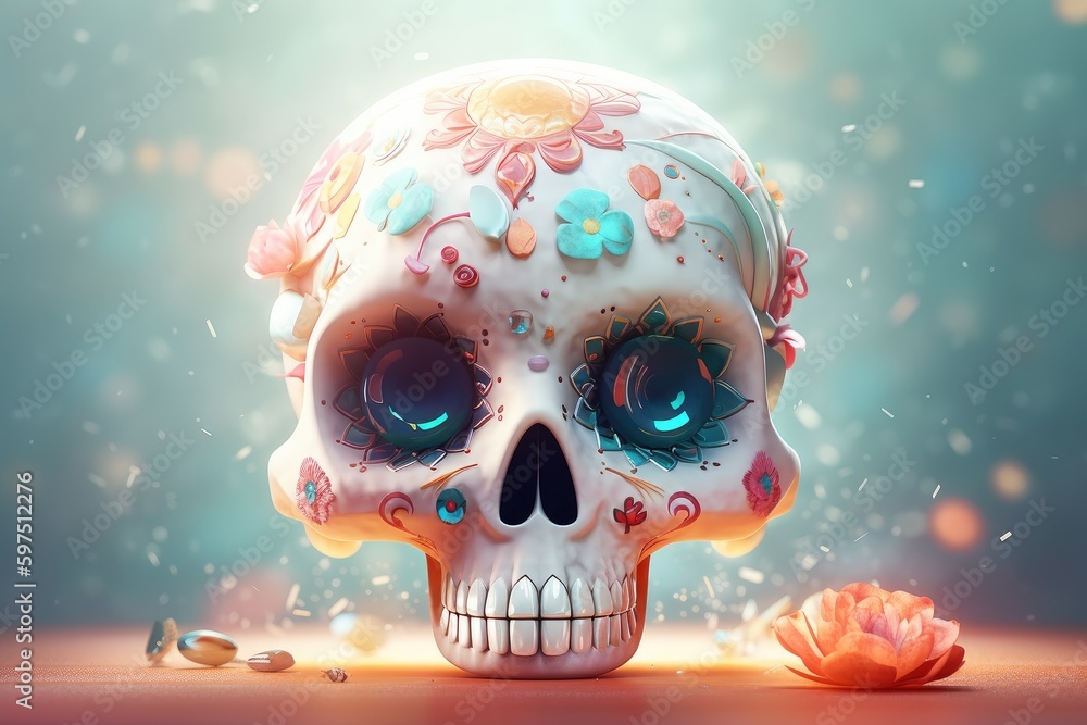 Sugar skull with colorful flowers. Dia de los muertos. Day of The Dead. Digital 3D illustration. Holiday Party Decoration Banner Invitation. Traditional Mexican culture festival . AI generative - obrazy, fototapety, plakaty 
