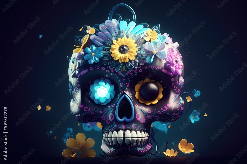 Sugar skull with colorful flowers. Dia de los muertos. Day of The Dead. Digital 3D illustration. Holiday Party Decoration Banner Invitation. Traditional Mexican culture festival . AI generative - obrazy, fototapety, plakaty 