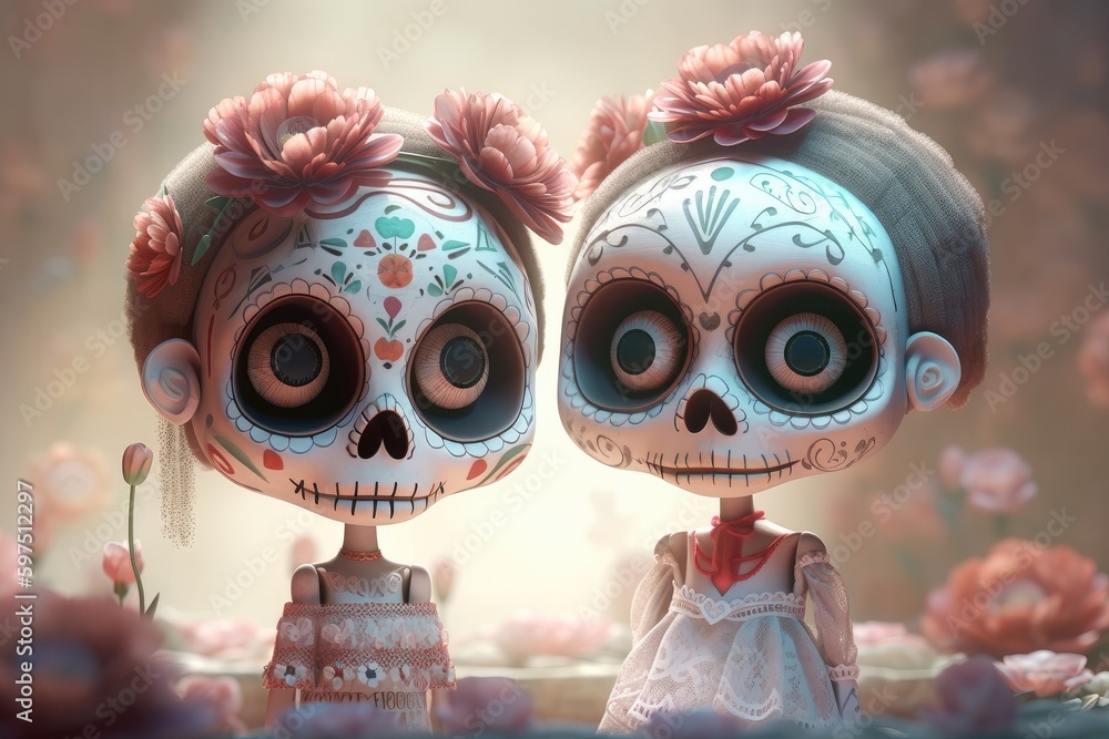 Sugar Skull cartoon family portrait. Dia de los muertos. Day of The Dead. Digital 3D illustration. Holiday Party Decoration Banner Invitation. Traditional Mexican culture festival . AI generative