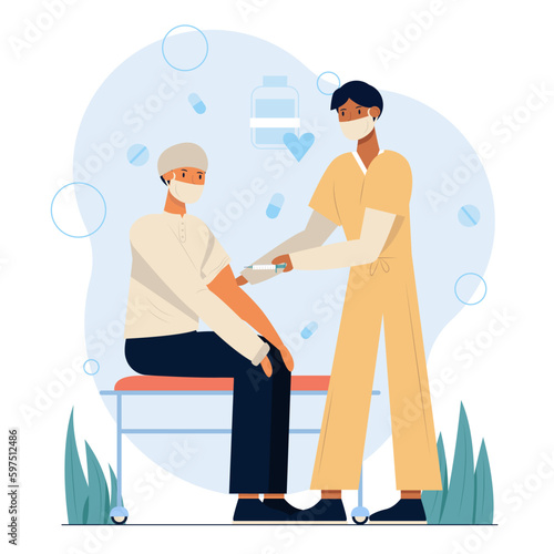 Vaccination concept. Nurse wearing mask gives shot in arm to boost immunity to patient vector