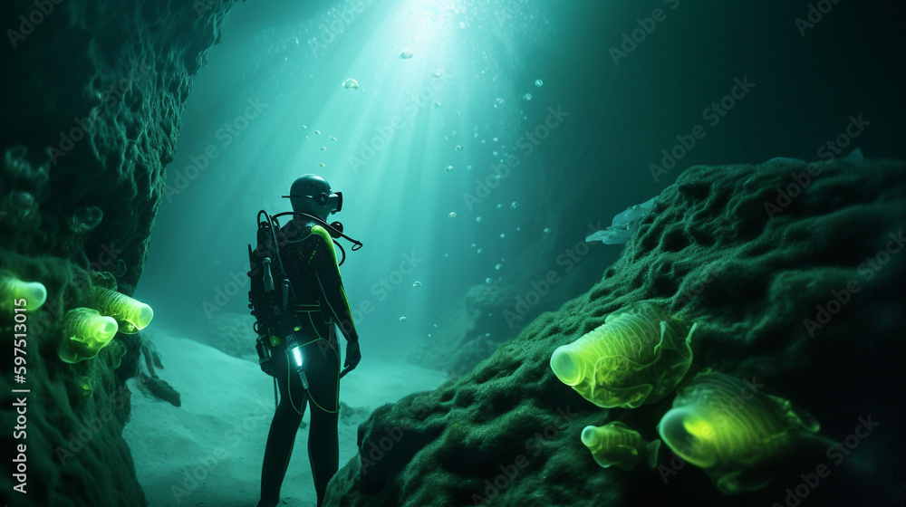 Underwater scuba diving in deep cold ocean sea rocks and beautiful coral plants. Diver with aqualung in seascape discovering researching a reef. Ai generated cinematic art