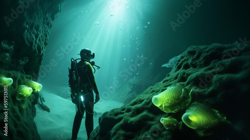 Underwater scuba diving in deep cold ocean sea rocks and beautiful coral plants. Diver with aqualung in seascape discovering researching a reef. Ai generated cinematic art