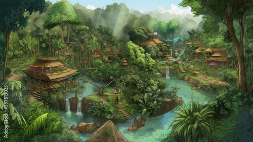 World inspired by the Amazon rainforest, with lush greenery, exotic wildlife, and tribal communities