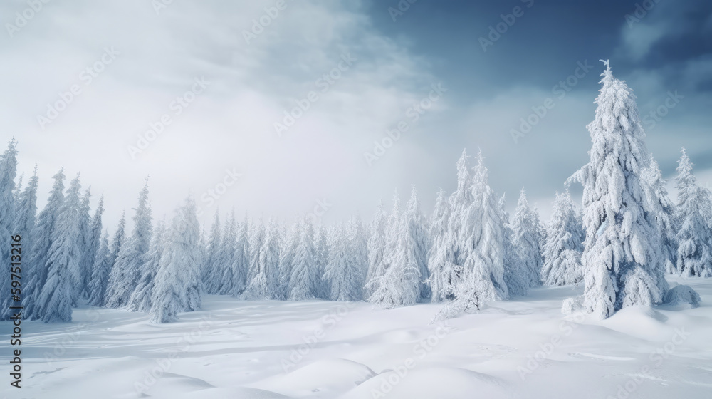 Fototapeta premium Winter Christmas Forest Background. Illustration AI Generative.