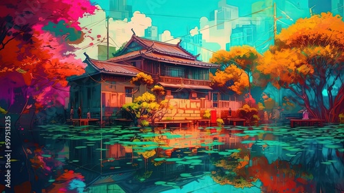  illustration of Asian vintage house at lakeside, idea for home wall decor, Generative Ai