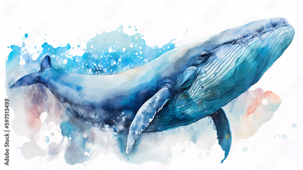 Fototapeta premium Watercolor blue whale on white background. Realistic sea animal illustration. Created with Generative AI.