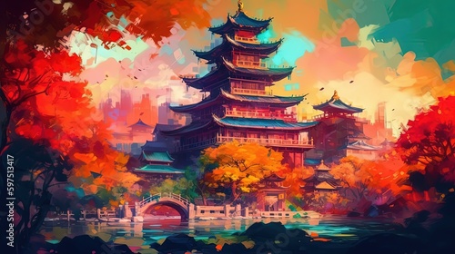 illustration of large and high ancient Asian pagoda or castle, idea for home wall decor, Generative Ai