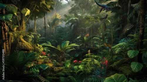 World inspired by the Amazon rainforest, with lush greenery, exotic wildlife, and tribal communities photo