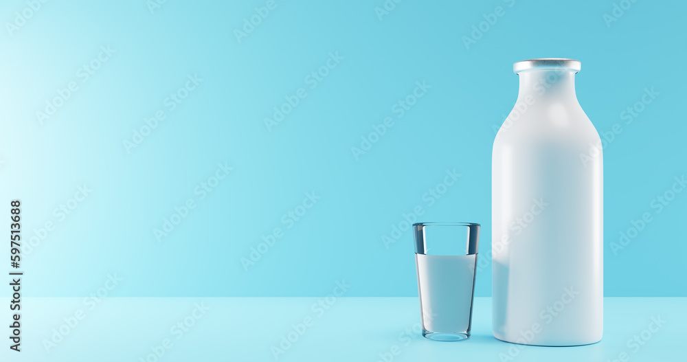 Dairy day. Full bottle and glass of milk on the table. 3d rendering. Dairy day. Full bottle and glass of milk on the table. 3d rendering.