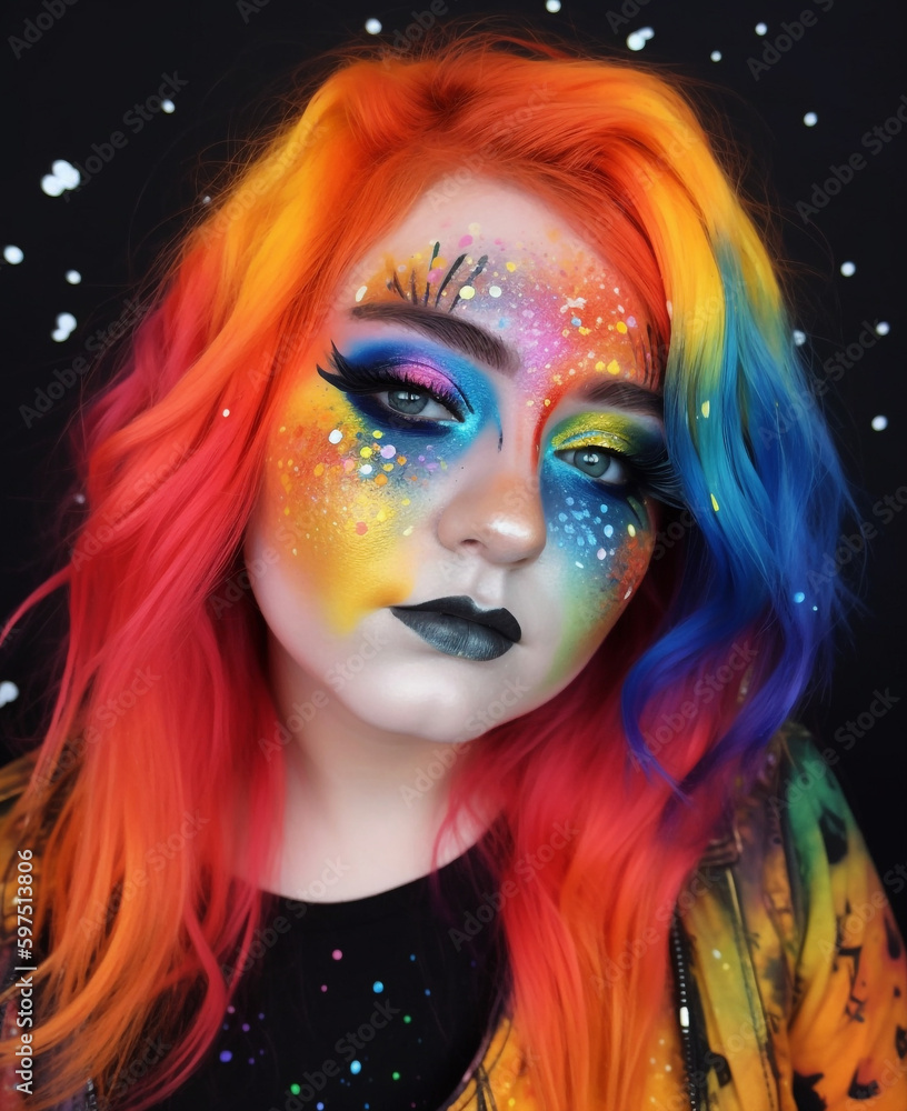 Fototapeta premium Generative ai young woman with multi-colored hair and creative make up and hairstyle