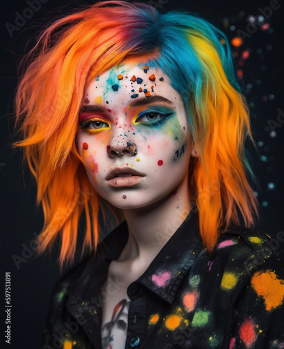 Generative ai young woman with multi-colored hair and creative make up and hairstyle © Eugenio Marongiu