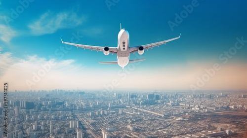 Airplane in sky background. Illustration AI Generative.