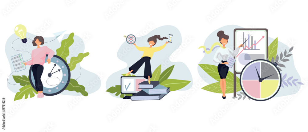 Set of woman performing duties on time, achieves goals, successfully making presentations Set of woman performing duties on time, achieves goals, successfully making presentations