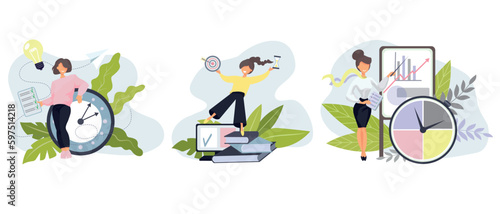 Set of woman performing duties on time, achieves goals, successfully making presentations