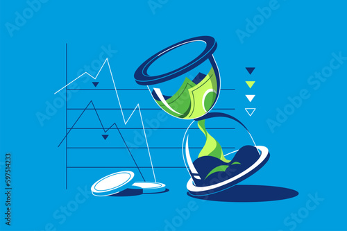 Rising inflation, devaluation concept. Money depreciates over time, disappears inside an hourglass. Stagflation, slowing economic growth, stock market crash. Market chart profit money.