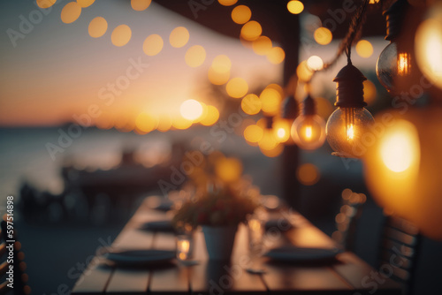 Lights in summer beach cafe. Illustration AI Generative photo