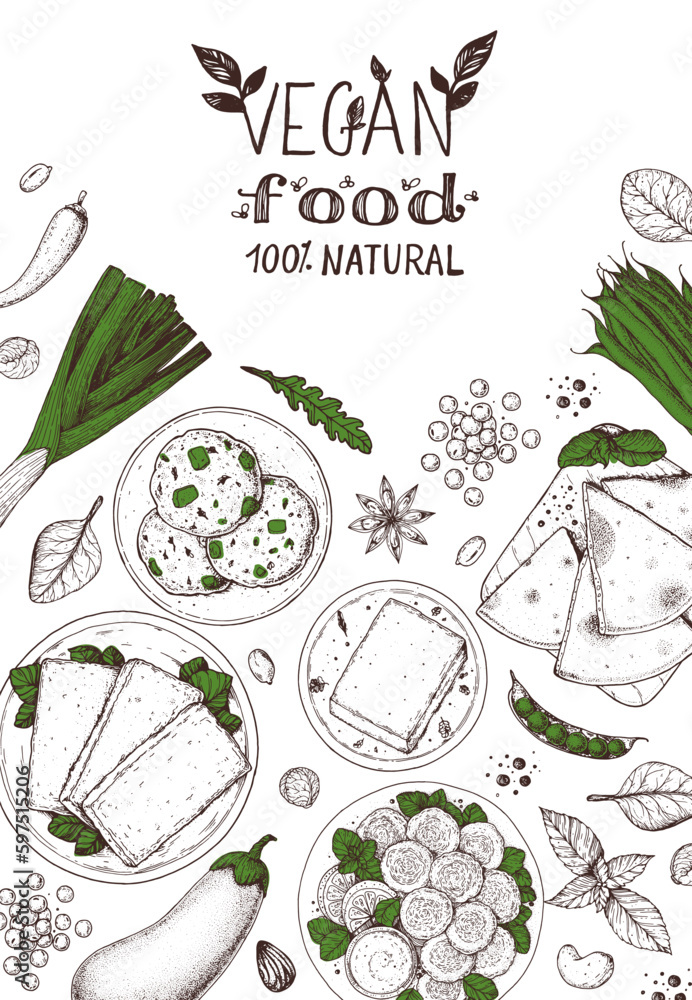 Vegan food frame. Hand drawn vector illustration. Menu design template ...