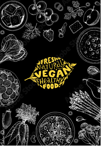 Vegan food frame. Hand drawn vector illustration. Menu design template. Vegan food sketch. Vintage design template. Product design. Great for packaging, recipe book, menu. Vegetarian food sketch.