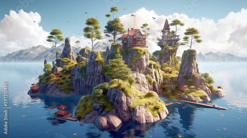 Fantasy summer landscape with magic castle and floating islands. generative ai