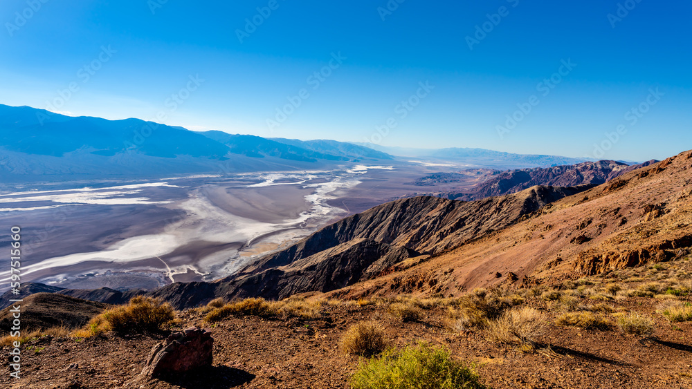 The Amargoza River in the Badwater Basin of the Black Mountains viewed from Dantes View in Death Valley, California, USA