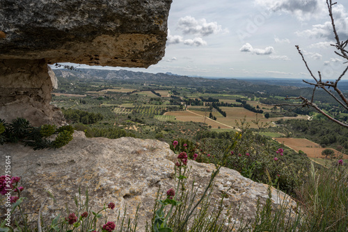 Baux-De-Provence, France - 04 21 2023: Panoramic view from the rocky limestone spur of the Les Baux plateau in Provence photo